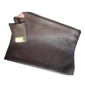 New Jil Sander Grained Leather Dark Brown and Gold Clutch
